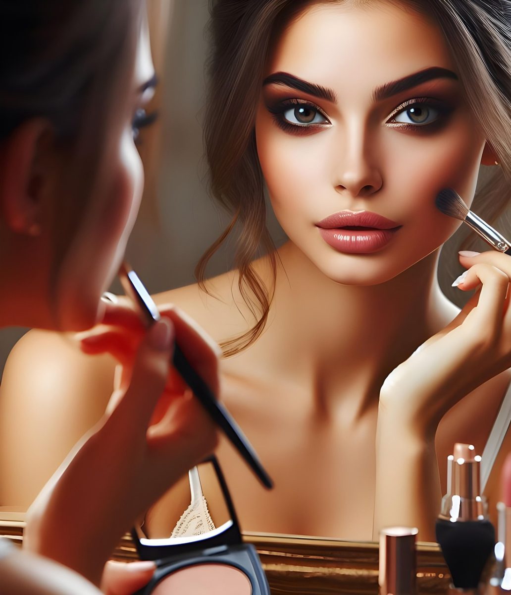 woman, miss, model, makeup, cosmetics, lipstick, powder, visage, mirror, fashion, beauty, and generated