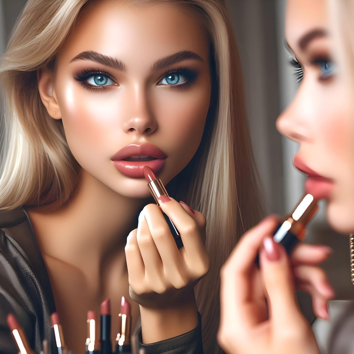 woman, miss, model, makeup, cosmetics, lipstick, powder, visage, mirror, fashion, beauty, and generated